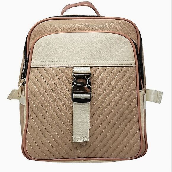Double zip Square Top Tan and Cream backpack purse - Picture 3 of 9